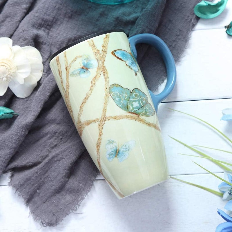 Topadorn Coffee Ceramic Mug Porcelain Latte Tea Cup With Lid 17oz,Novelty Coffee Mugs for Office & Home Blue - Image 4
